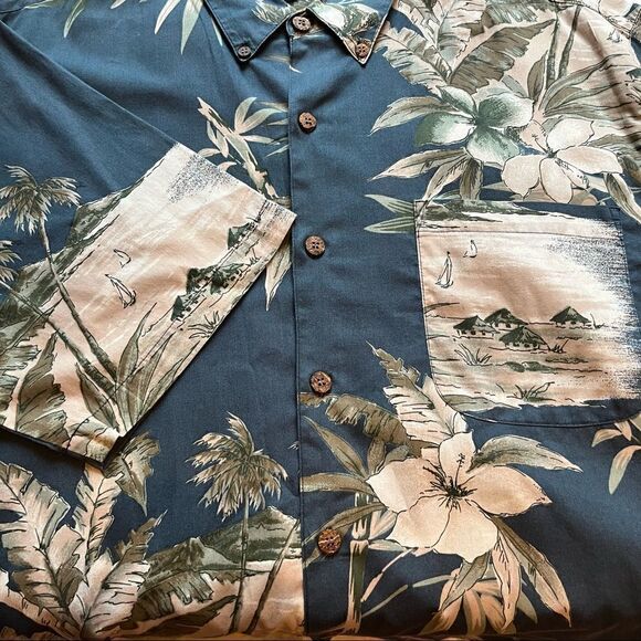 Island Blue button down short sleeve shirt Hawaiian Large blue-green/cream NWOT - Picture 7 of 7